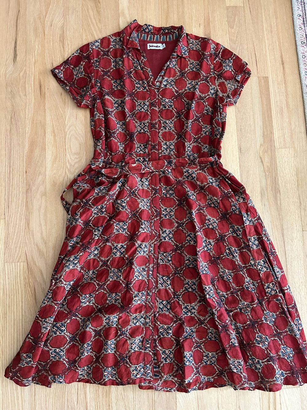 Fabindia cotton silk blend geometric block print pattern dress medium faux shirt
